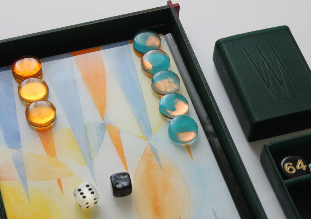 Travel set checkers and dice close-up