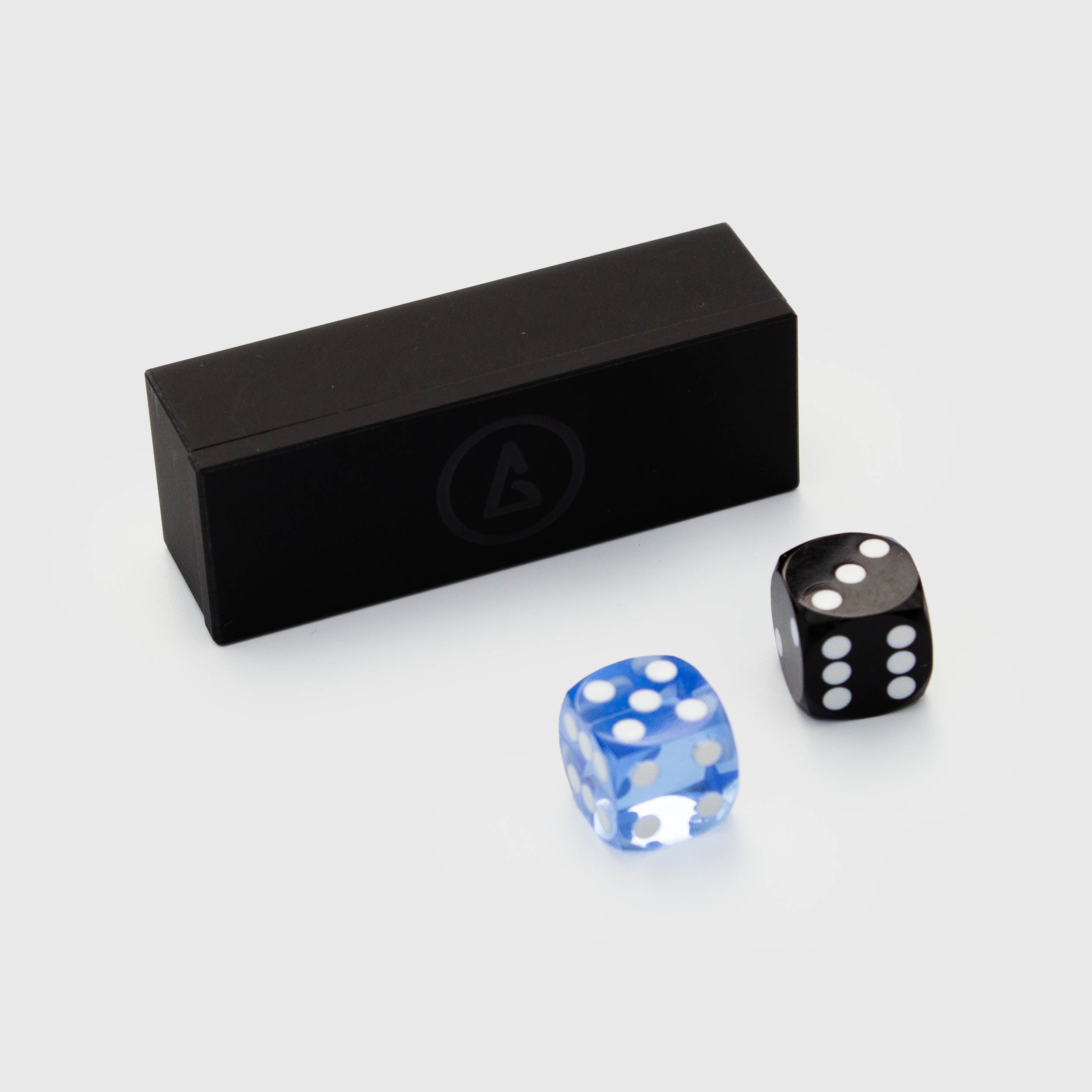 Matte black magnetic dice box with a subtle Galaxy logo, next to one blue and one black 14.3mm dice.
