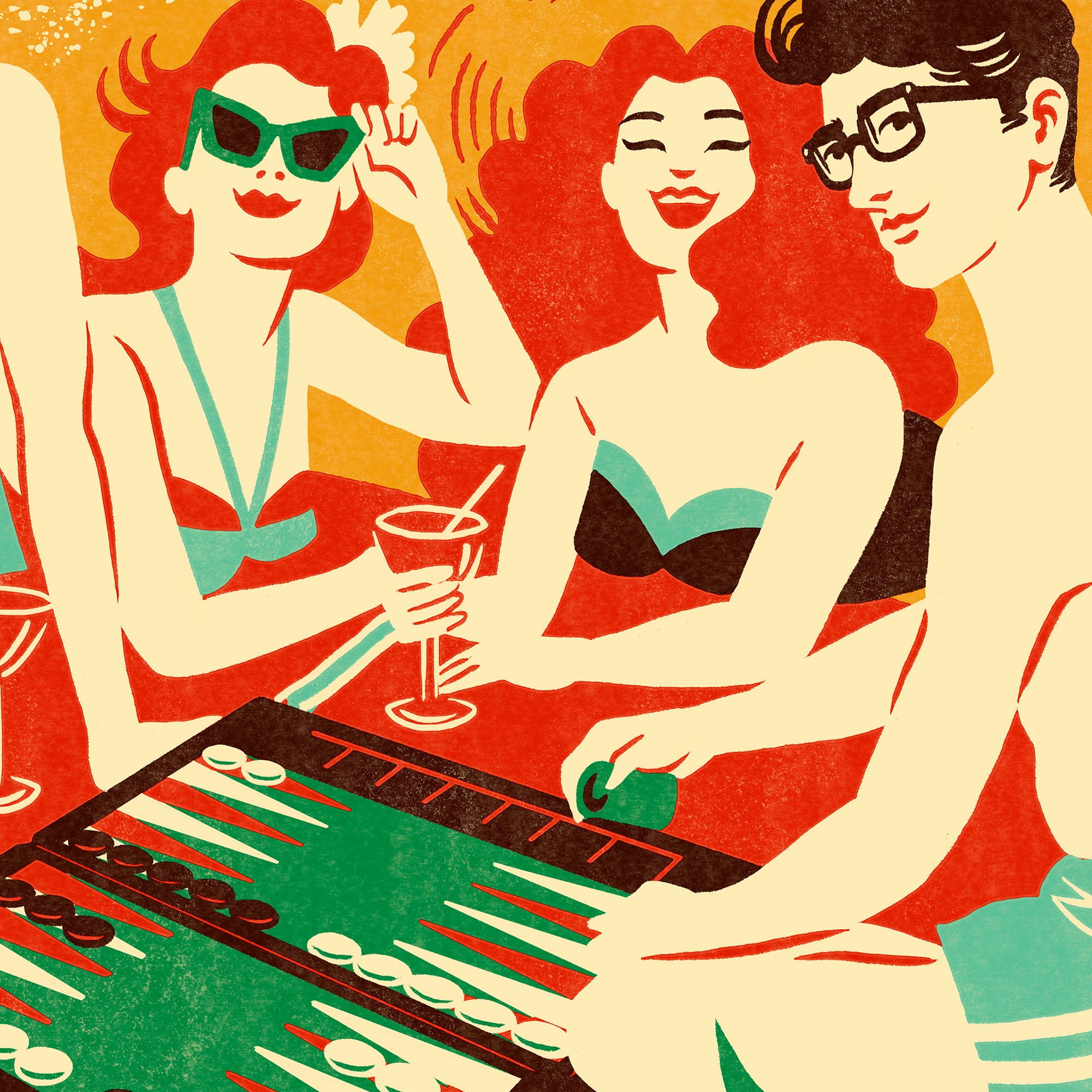 Backgammon - Let's Play!, Backgammon-Poster im Vintage-Stil, von der Künstlerin Adria Marques für Backgammon Galaxy