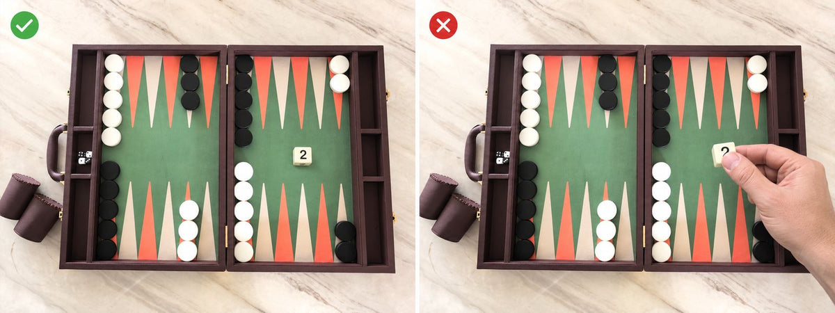Correct: the doubling cube placed on the board. Wrong: the cube held in hand.