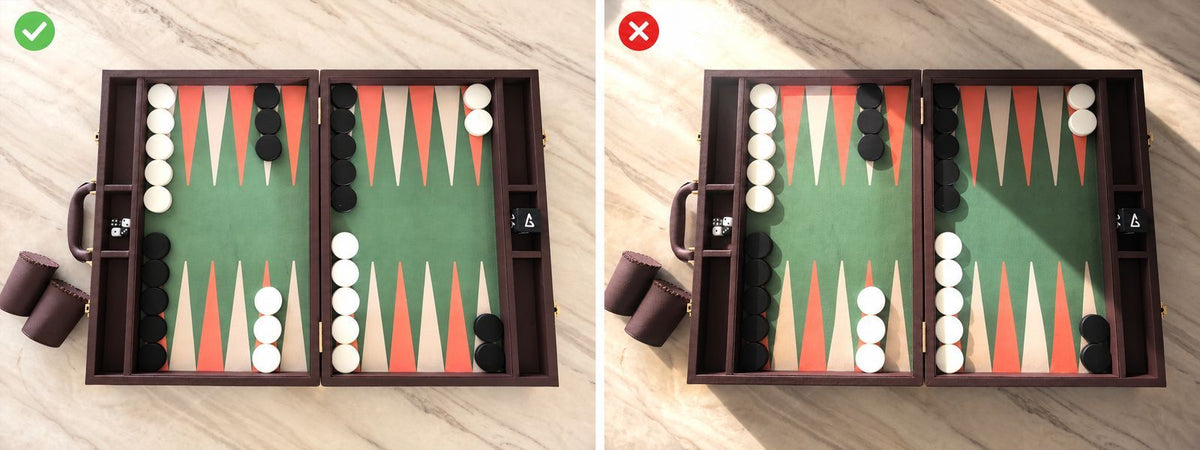 Correct: even light across the board. Wrong: a hard shadow over part of the board.