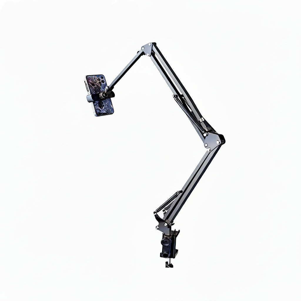 A black adjustable desk phone mount arm with a smartphone attached, shown against a plain white background.
