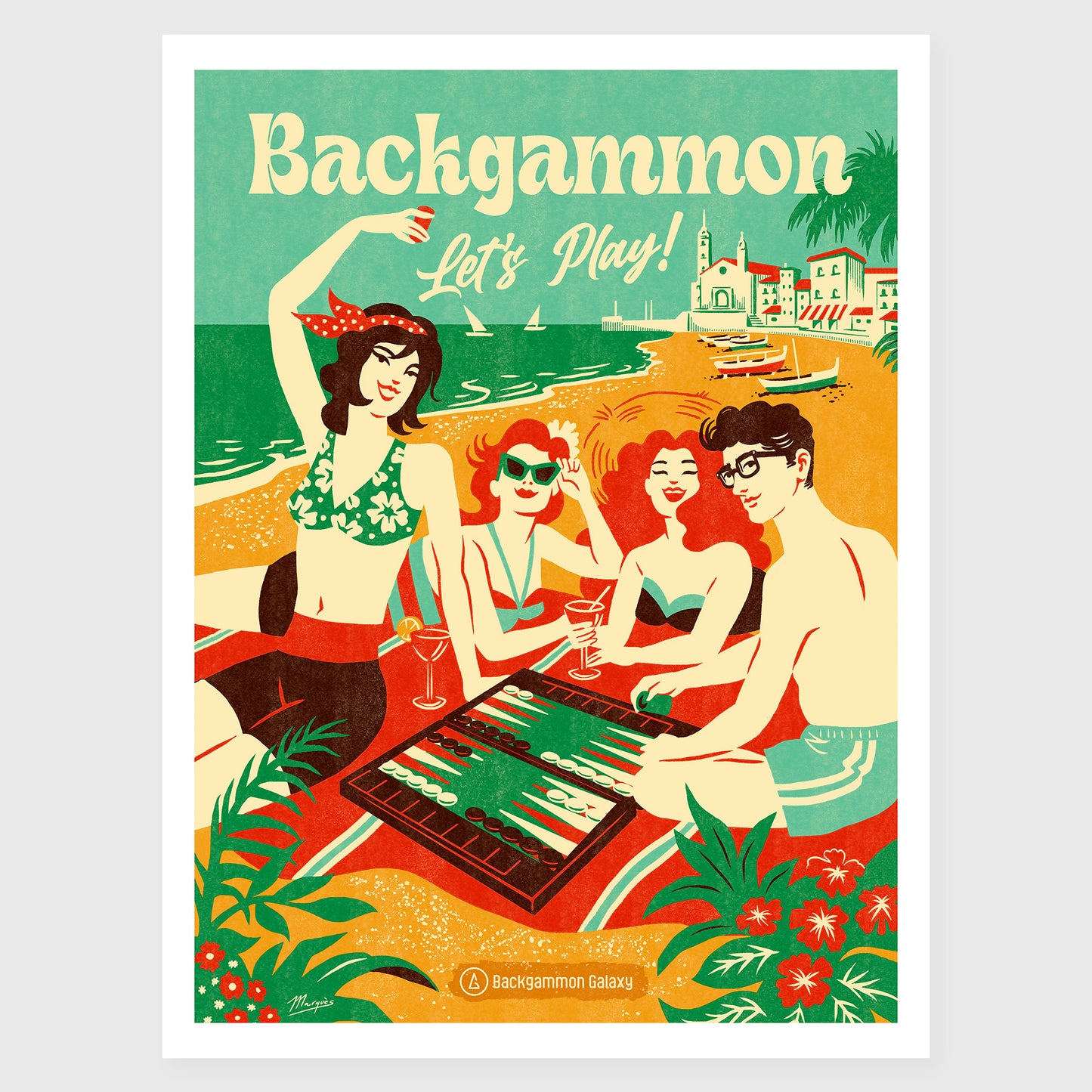 Backgammon - Let's Play!, Backgammon-Poster im Vintage-Stil, von der Künstlerin Adria Marques für Backgammon Galaxy