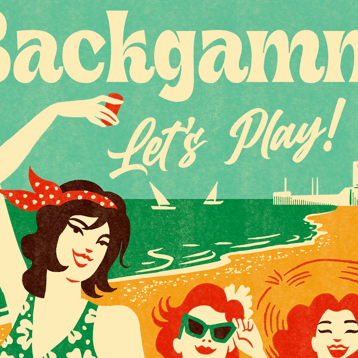 Backgammon - Let's Play!, Backgammon-Poster im Vintage-Stil, von der Künstlerin Adria Marques für Backgammon Galaxy