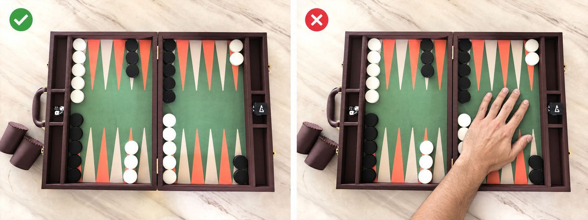 Correct: no hands over the board. Wrong: a hand resting on the board.
