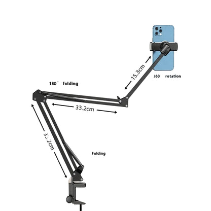 A phone-specific adjustable desk stand with measurement callouts and feature text.