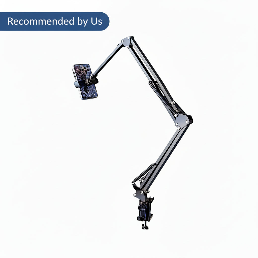 A black adjustable desk phone mount arm with a smartphone attached, shown against a plain white background.
