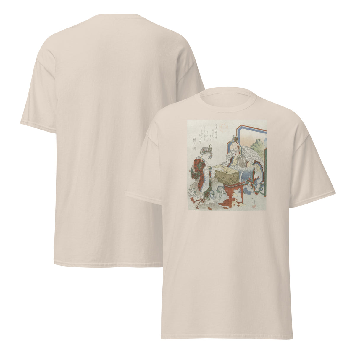 Ban-Sugoroku backgammon t-shirt in Natural – front print of a vintage Japanese woodblock artwork showing two players at a ban-sugoroku board
