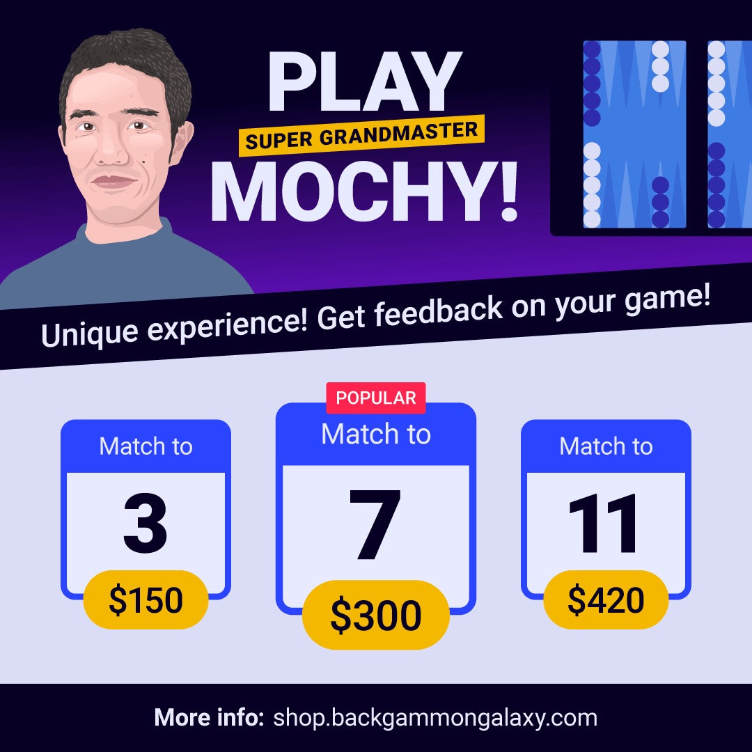 Play Mochy! Try your luck against the best in the world, Great Gift Idea, 3, 7, or 11point match online with private Zoom/Skype session - Backgammon Galaxy